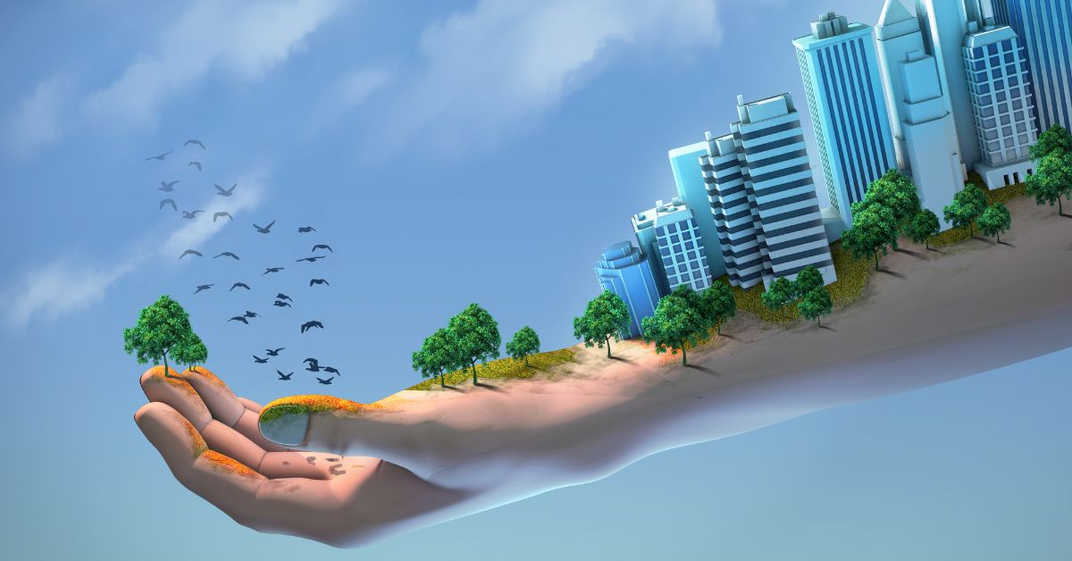 ASEAN sustainable trade - Hand with Nature and Building