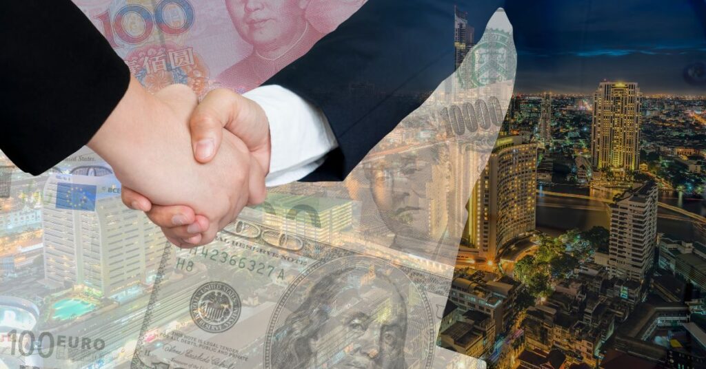 EU-Vietnam Free Trade Agreement - Shake hand both men and transparent money trade and progressive building behind it